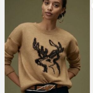 Like New! ANTHROPOLOGIE Oh Deer Sweater Reindeer Intarsia Novelty Pullover Tan S